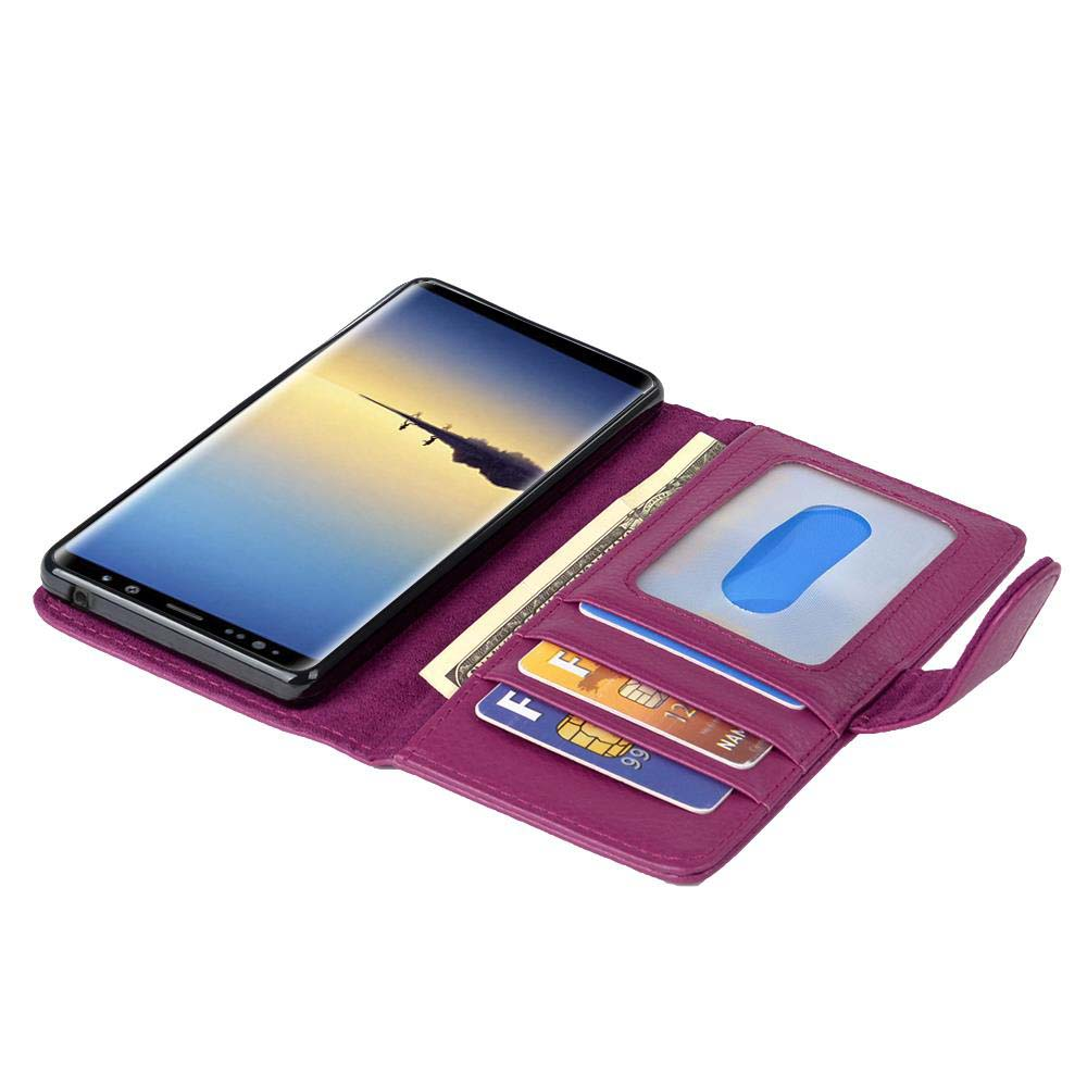 Custodia viola per telefono aperta, con telefono, carte e contanti visibili.