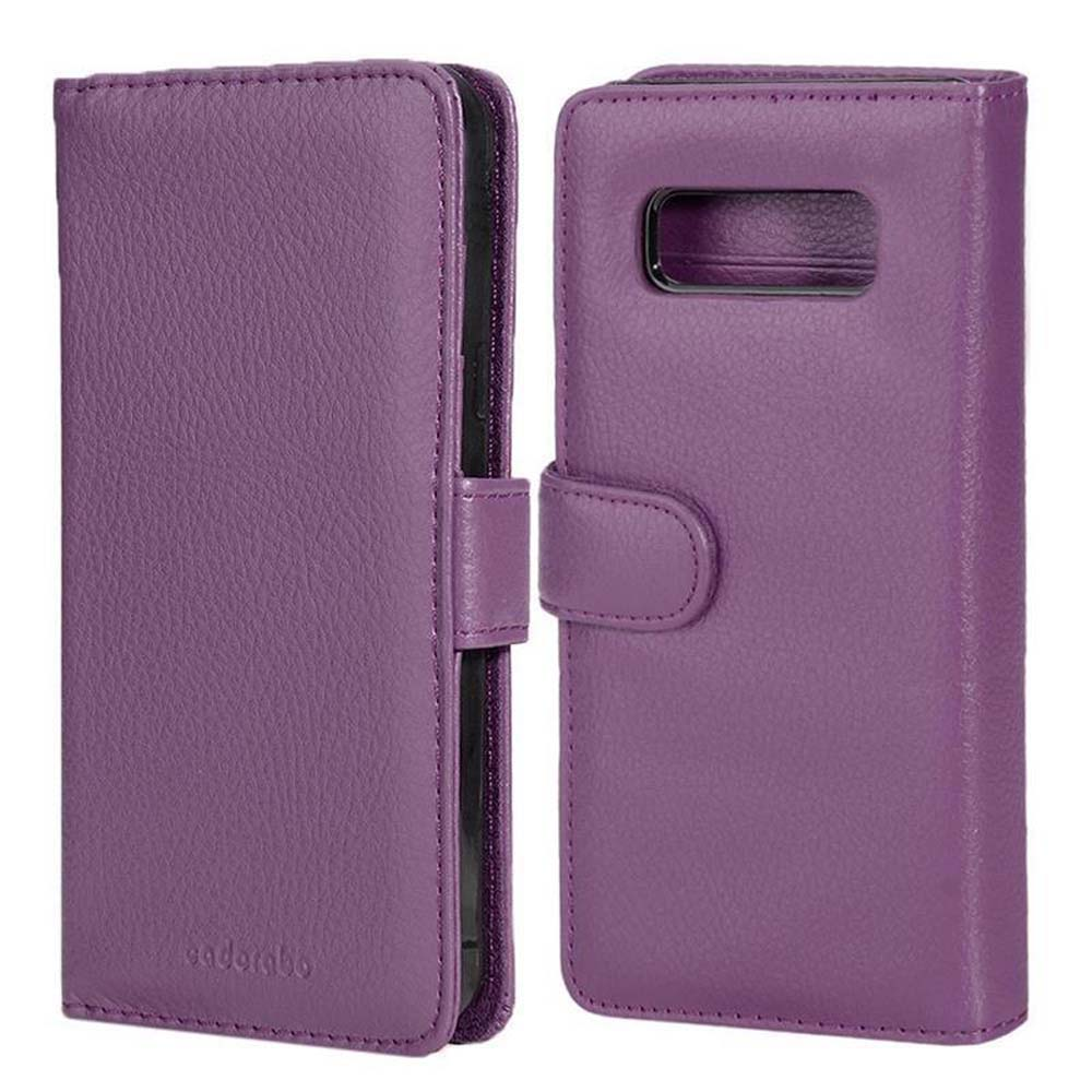Custodia per telefono viola, aperta, con copertura e retro del telefono. Chiusura magnetica e bordi cuciti.
