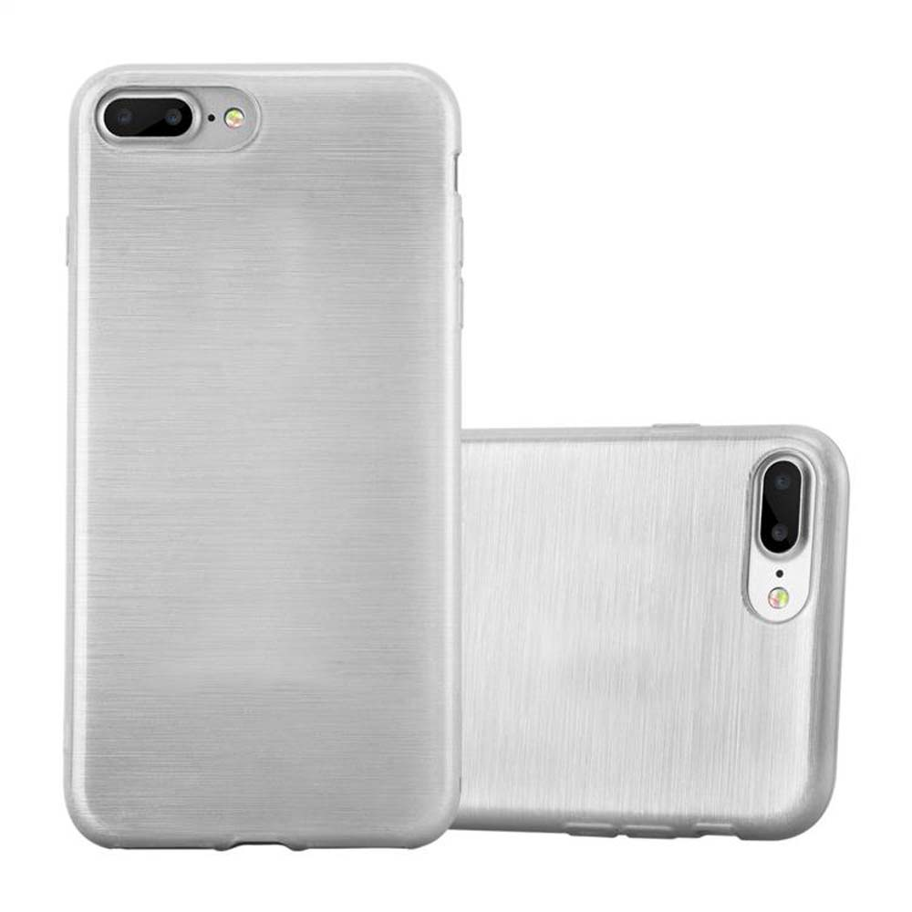 Dos fundas de teléfono plateadas. Una con teléfono, otra sin. Ambas con cámara.