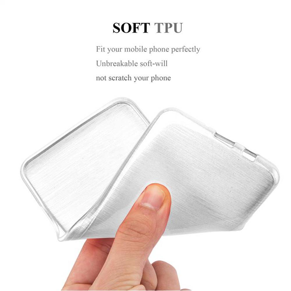 Mano sosteniendo una funda transparente para teléfono, mostrando su textura. Fondo blanco con texto.