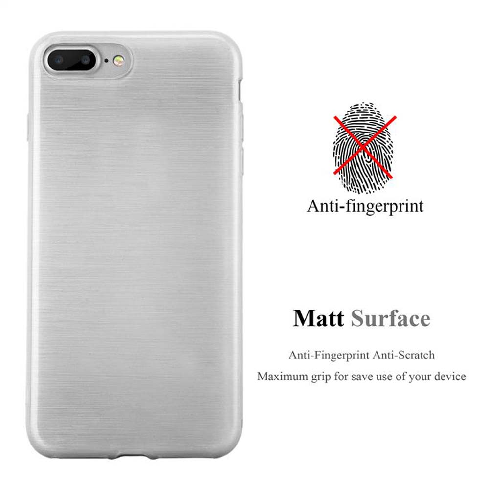 Un teléfono en una funda plateada con superficie mate. El texto enfatiza las características anti-huellas y anti-arañazos.
