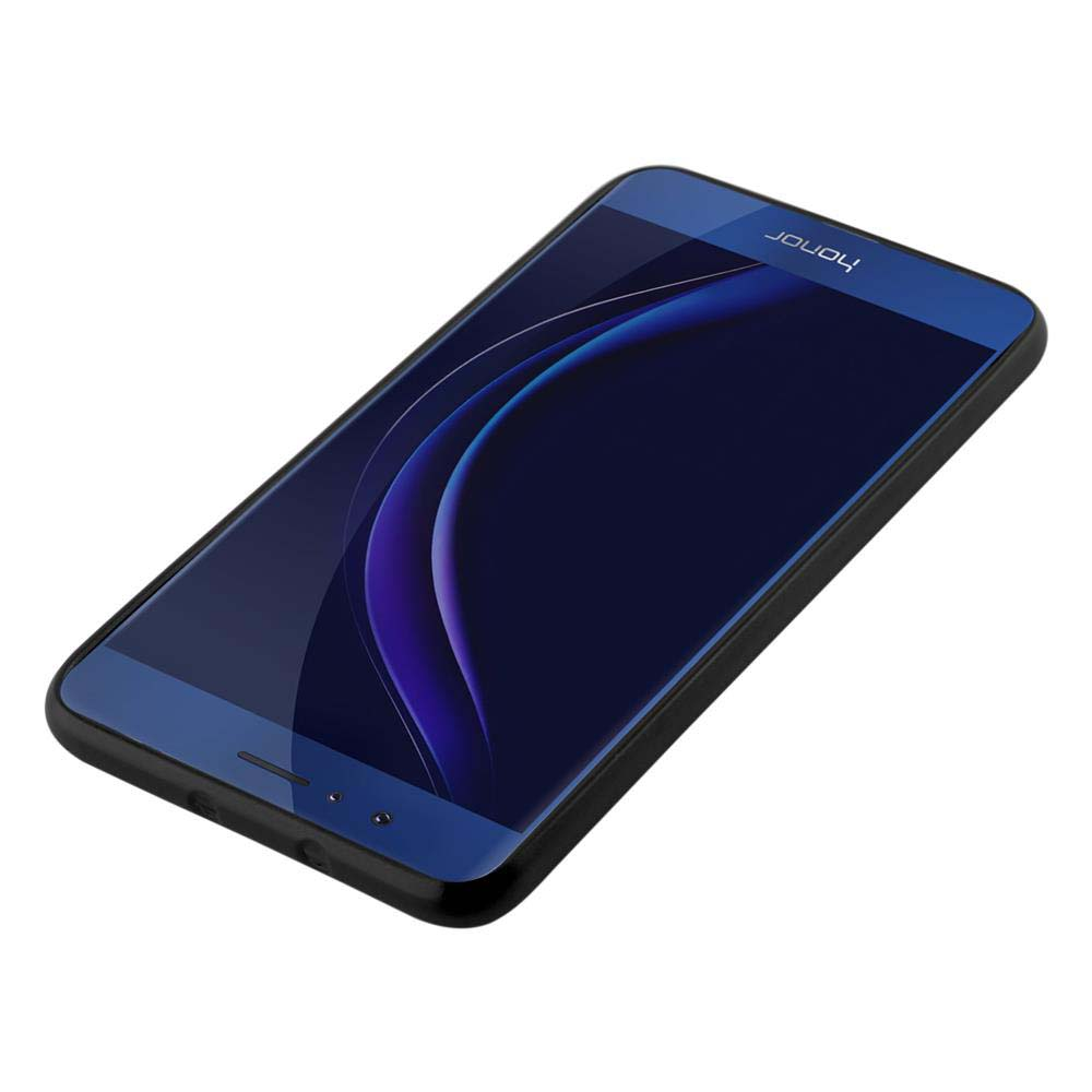 Un telefono con schermo blu, che mostra un design curvo e una cornice nera.