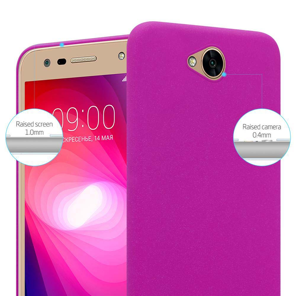 Lila Handyhülle auf einem Telefon, der Bildschirm des Telefons ist sichtbar. Text weist auf erhöhten Bildschirm und Kamera hin.