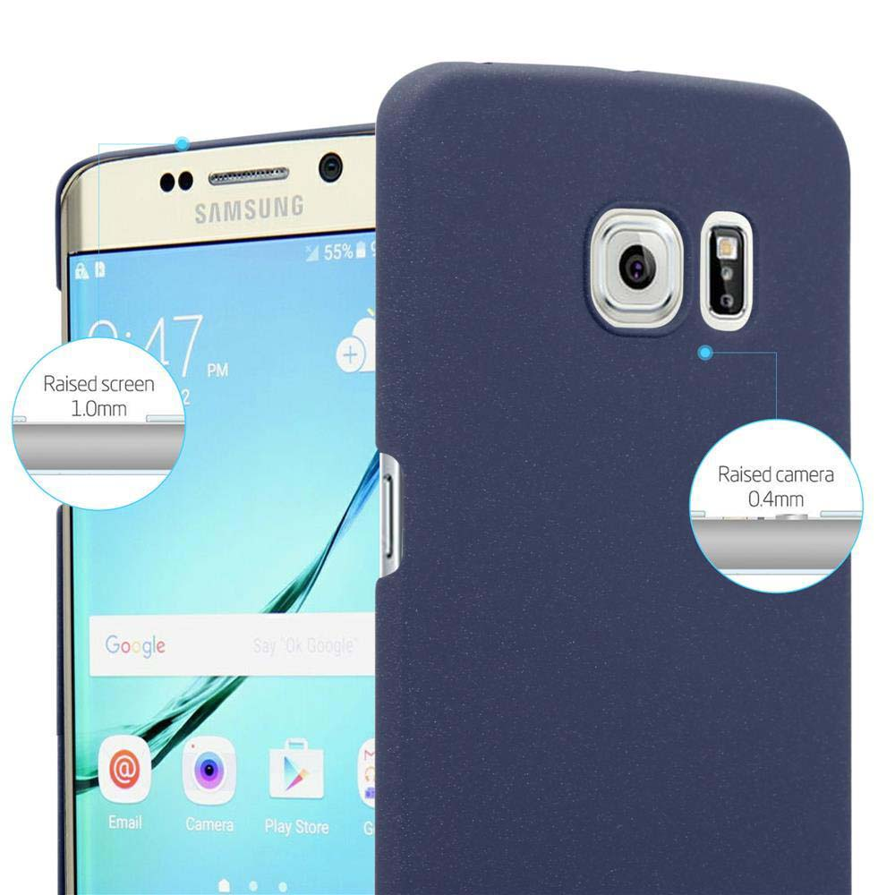 Ein Samsung-Handy mit blauer Hülle. Nahaufnahme zeigt Kamera und erhöhte Bildschirm-/Kameraränder.