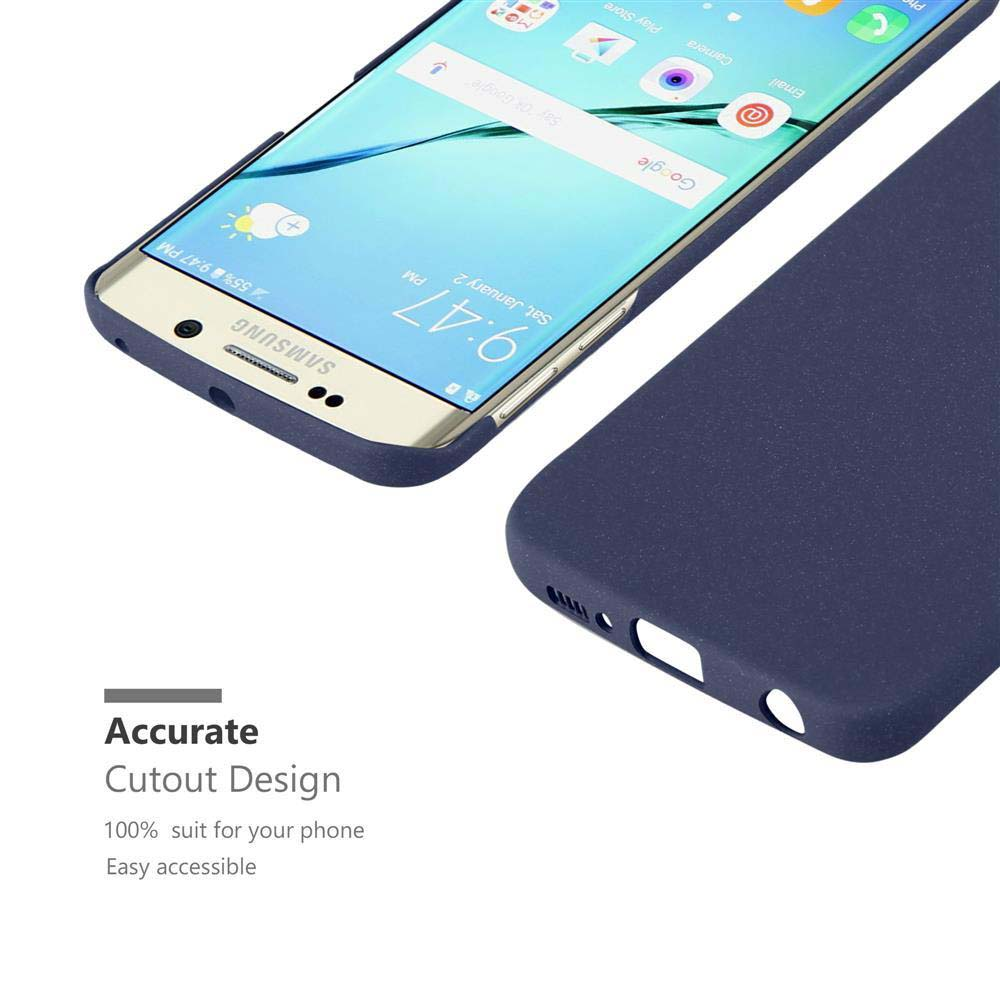 Telefon mit marineblauer Hülle. Text über Ausschnitt-Design und Zugänglichkeit links.