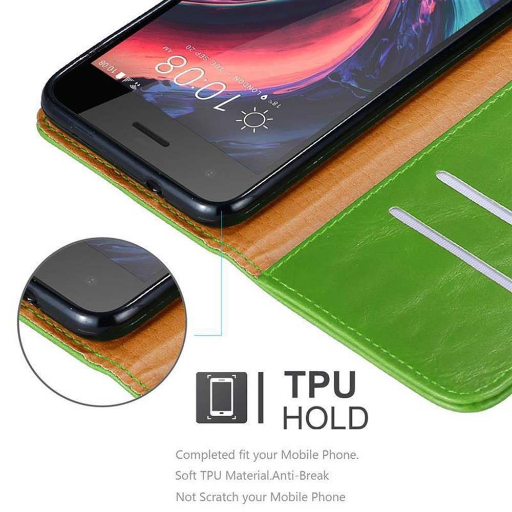 Un telefono con una custodia verde. Testo: TPU HOLD, Si adatta perfettamente al tuo cellulare. Non graffia il tuo cellulare.