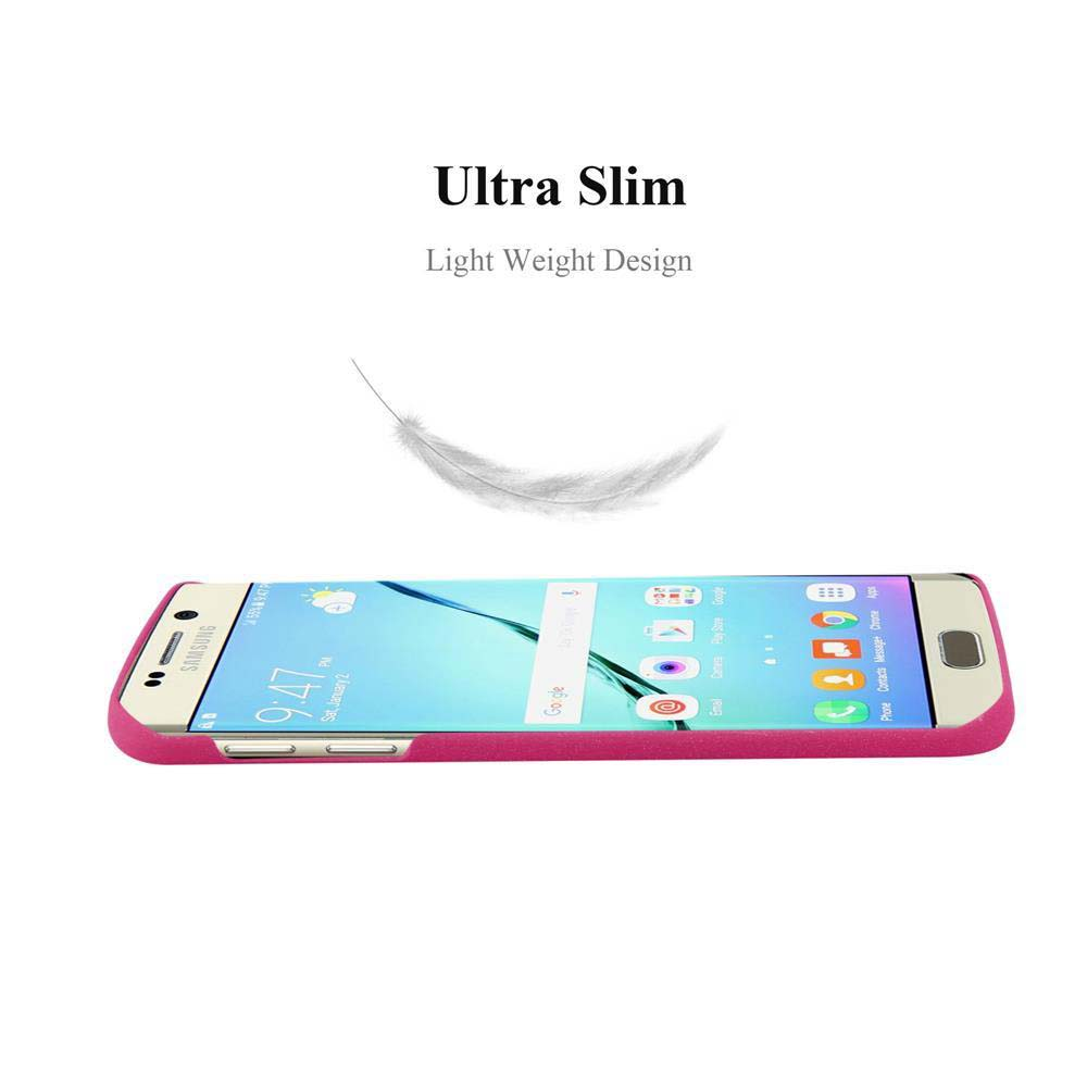 Ein Telefon in einer rosa Hülle. Text: Ultra schlank. Leichtes Design. Eine Feder schwebt über dem Telefon.