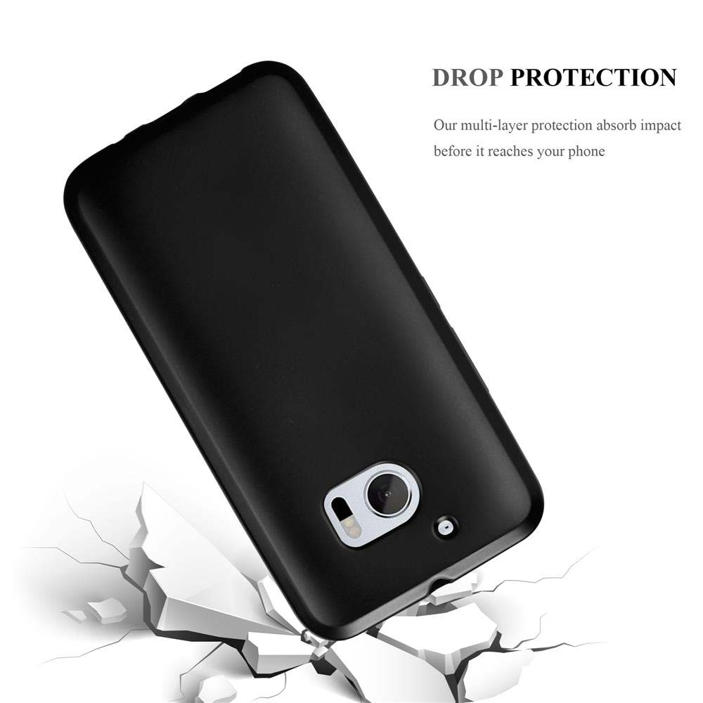 Schwarze Handyhülle mit einem fallenden Telefon. Weiße Risse unter dem Telefon.
