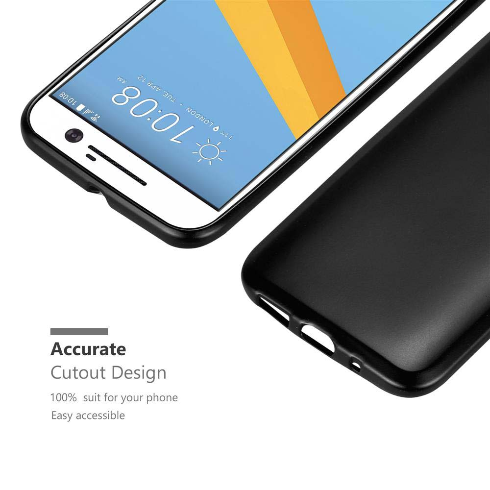 Schwarzes Telefon und Hülle, Bildschirm zeigt Uhr. Text weist auf präzises Ausschnittdesign hin.
