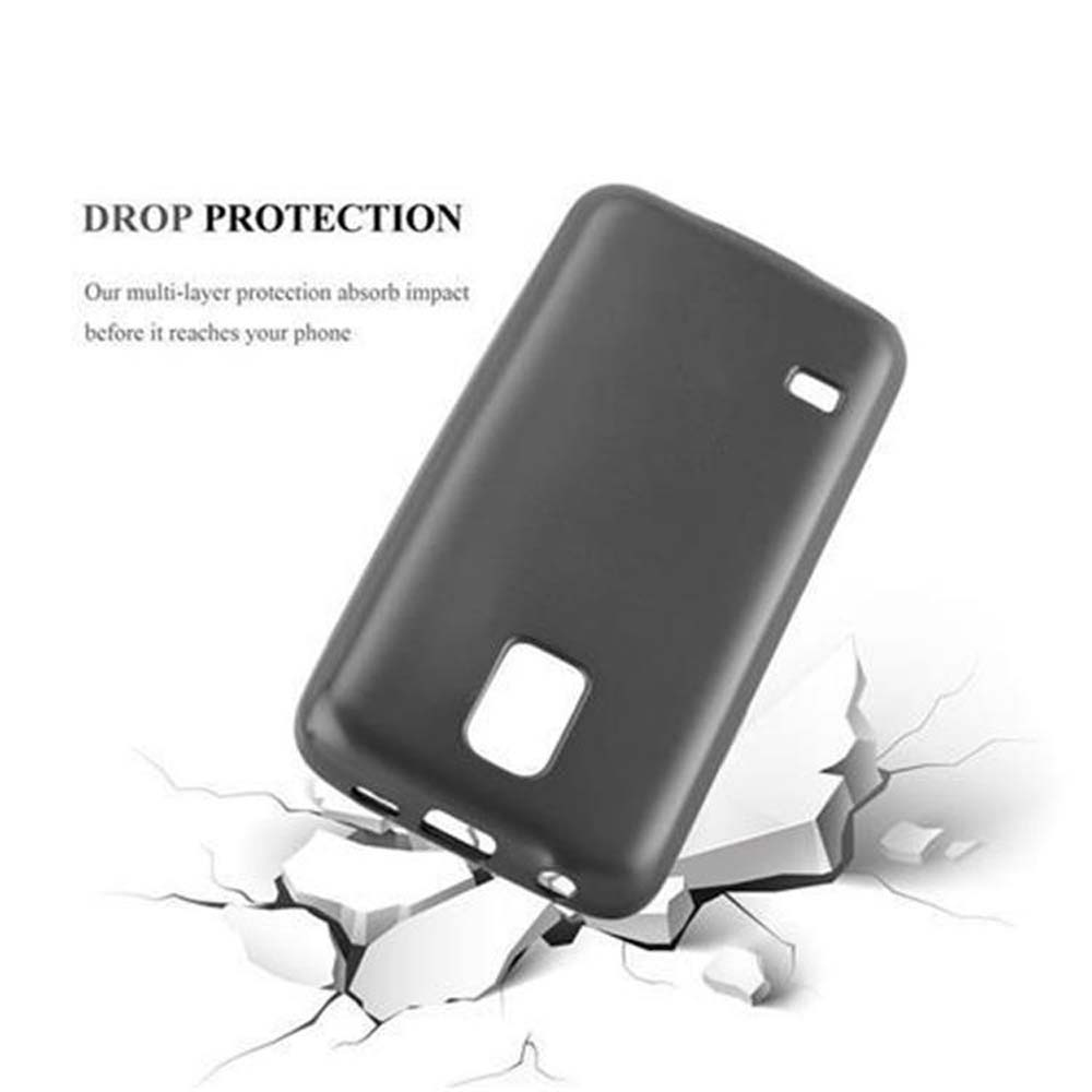 Handyhülle mit Telefon, fällt auf eine zerbrochene Oberfläche. Die Handyhülle ist schwarz.