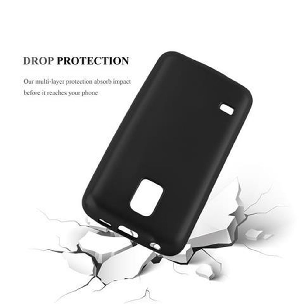 Schwarze Handyhülle mit Telefon, das eine weiße Oberfläche zerbricht.