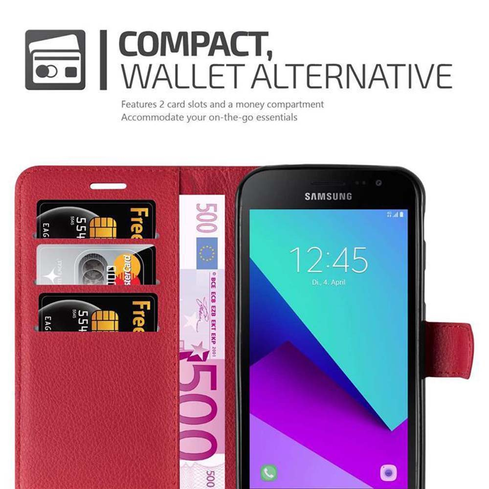Una custodia per telefono con fessure per carte di credito e contanti. Testo: Compatto, alternativa al portafoglio.