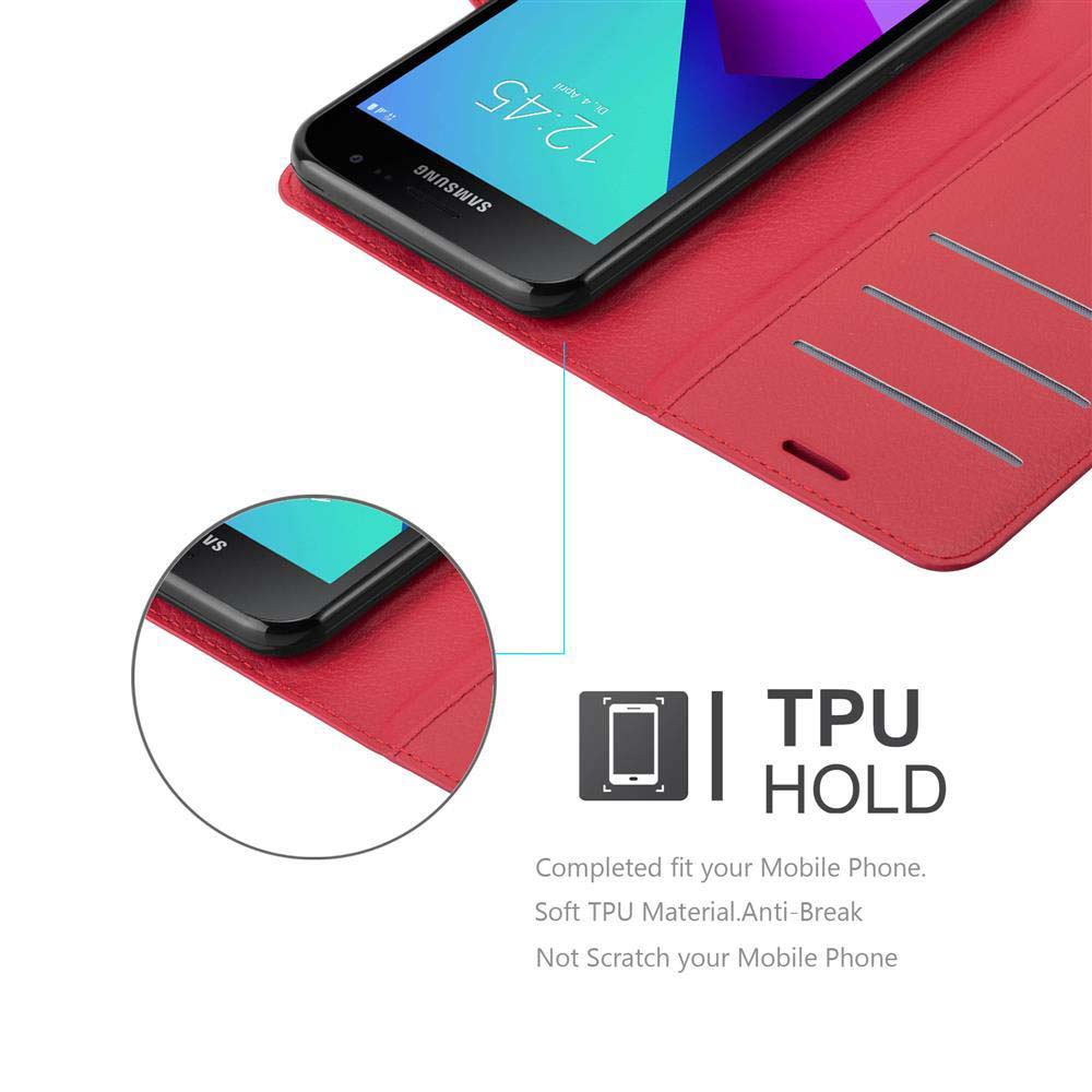 Un telefono è posizionato in una custodia rossa con supporto in TPU. La custodia è aperta e il telefono è nella metà superiore.