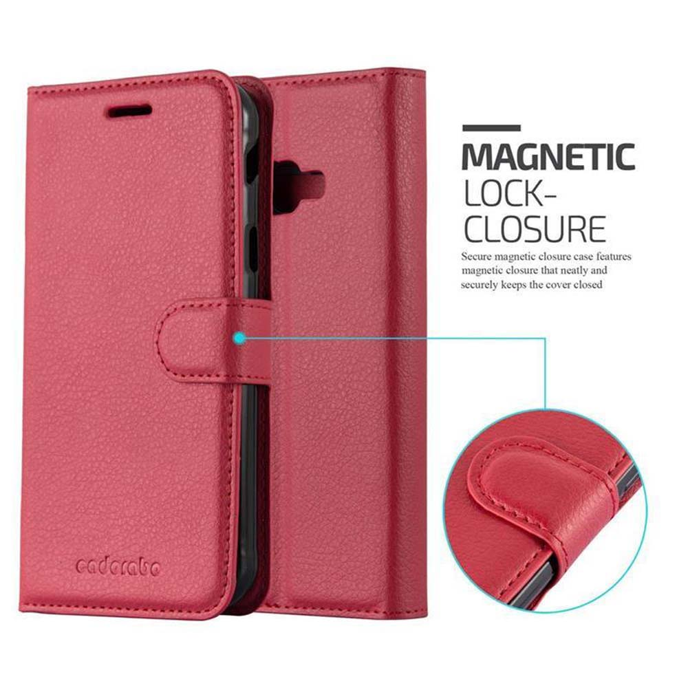 Una custodia rossa è chiusa. Testo: Chiusura magnetica. Un piccolo cerchio mostra la chiusura.
