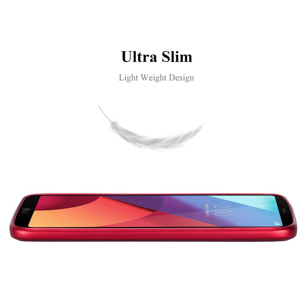 Custodia rossa con telefono. Testo: Ultra sottile, design leggero.