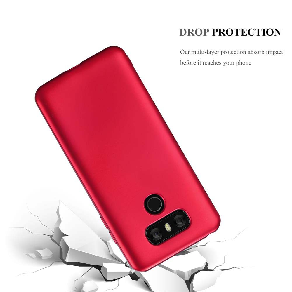 Custodia rossa per telefono con protezione da impatto, su cemento bianco e rotto.