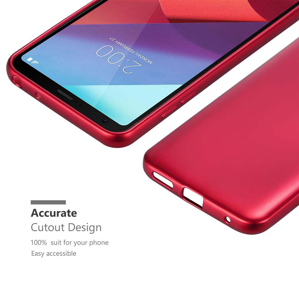 Primo piano di una custodia rossa e un telefono. Il testo recita Design preciso.