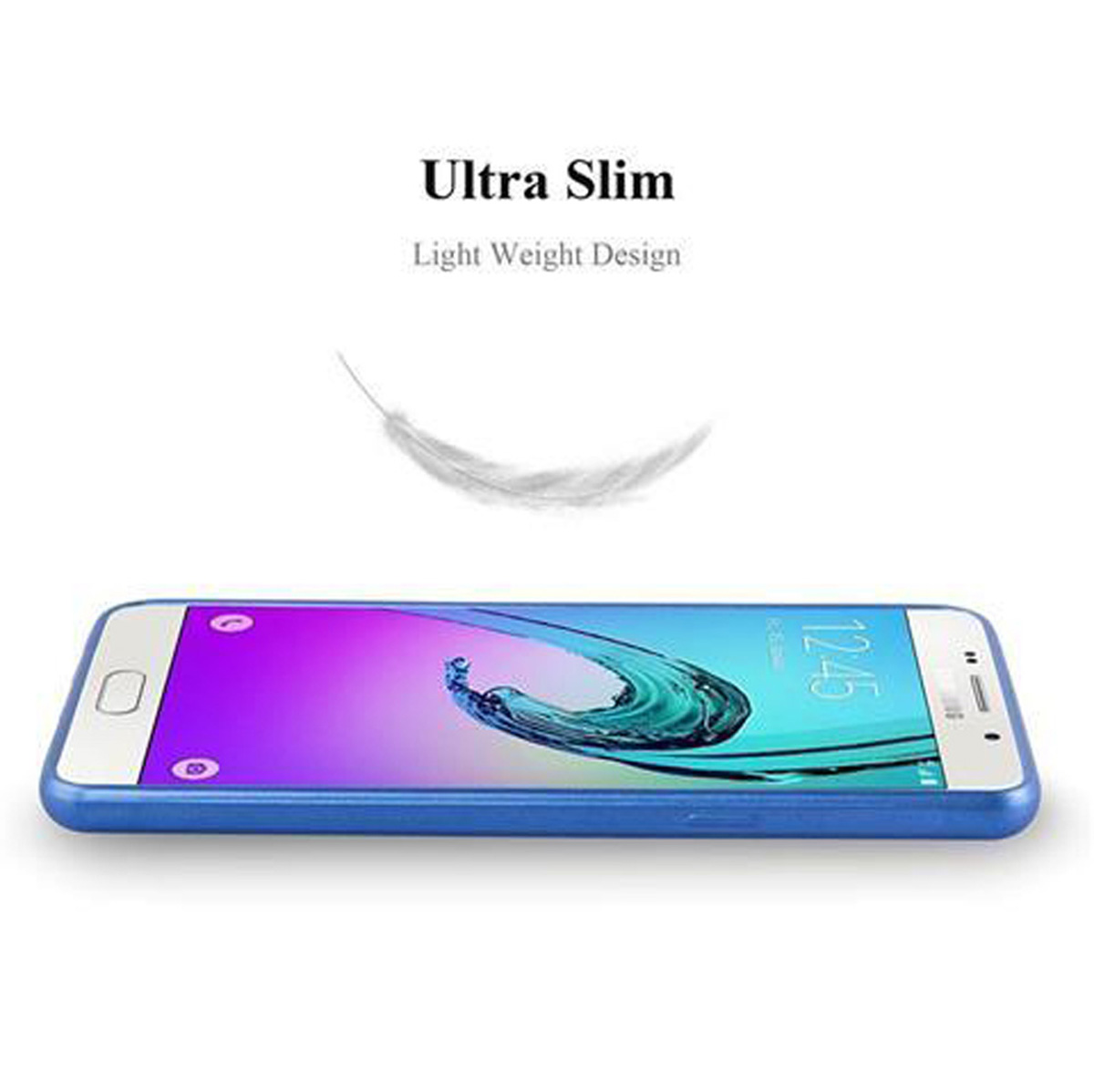 Blaue Handyhülle, zeigt den Telefonbildschirm. Text: Ultra Slim, Light Weight Design.