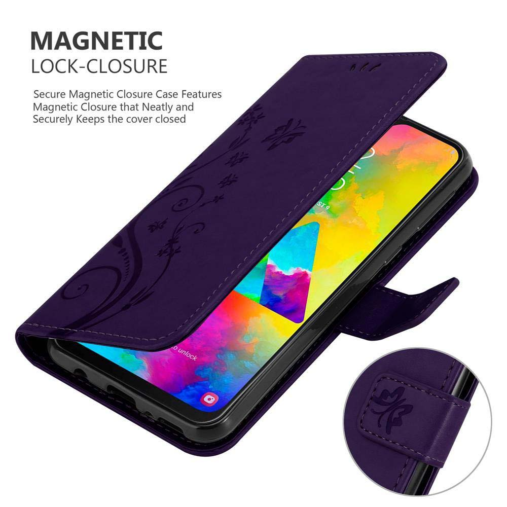 Custodia viola per telefono con design floreale. Il telefono è dentro, mostrando lo schermo.