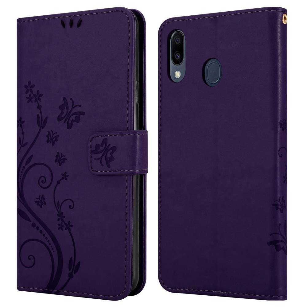 Custodia per telefono viola. Custodia chiusa con design floreale. Custodia aperta che mostra l'alloggiamento del telefono. Telefono non inserito.