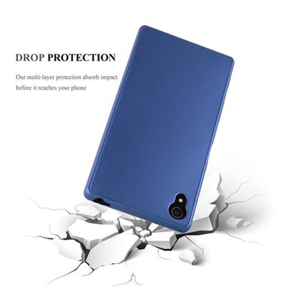Blaue Handyhülle auf weißem Hintergrund. Es ist kaputt. Text „Drop Protection“.