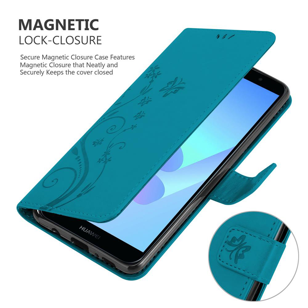 Custodia per telefono verde acqua con telefono all'interno, con motivo floreale e chiusura magnetica.