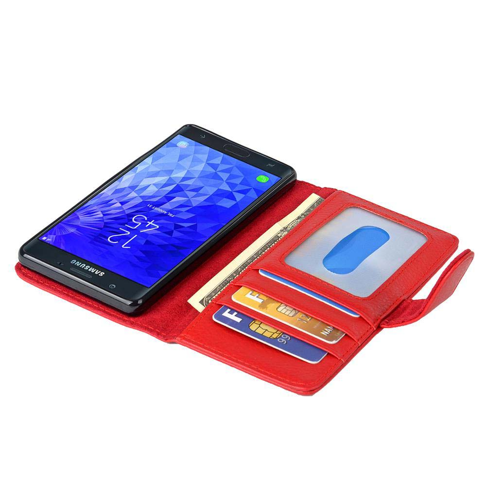 Telefono Samsung nero, portafoglio rosso aperto con carte e contanti. Il telefono mostra l'ora e la data.