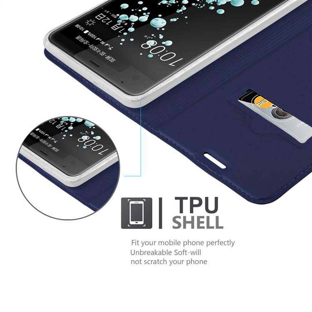 Telefono con data e ora. Custodia blu similpelle. Carta nell'alloggiamento. Testo: TPU SHELL.