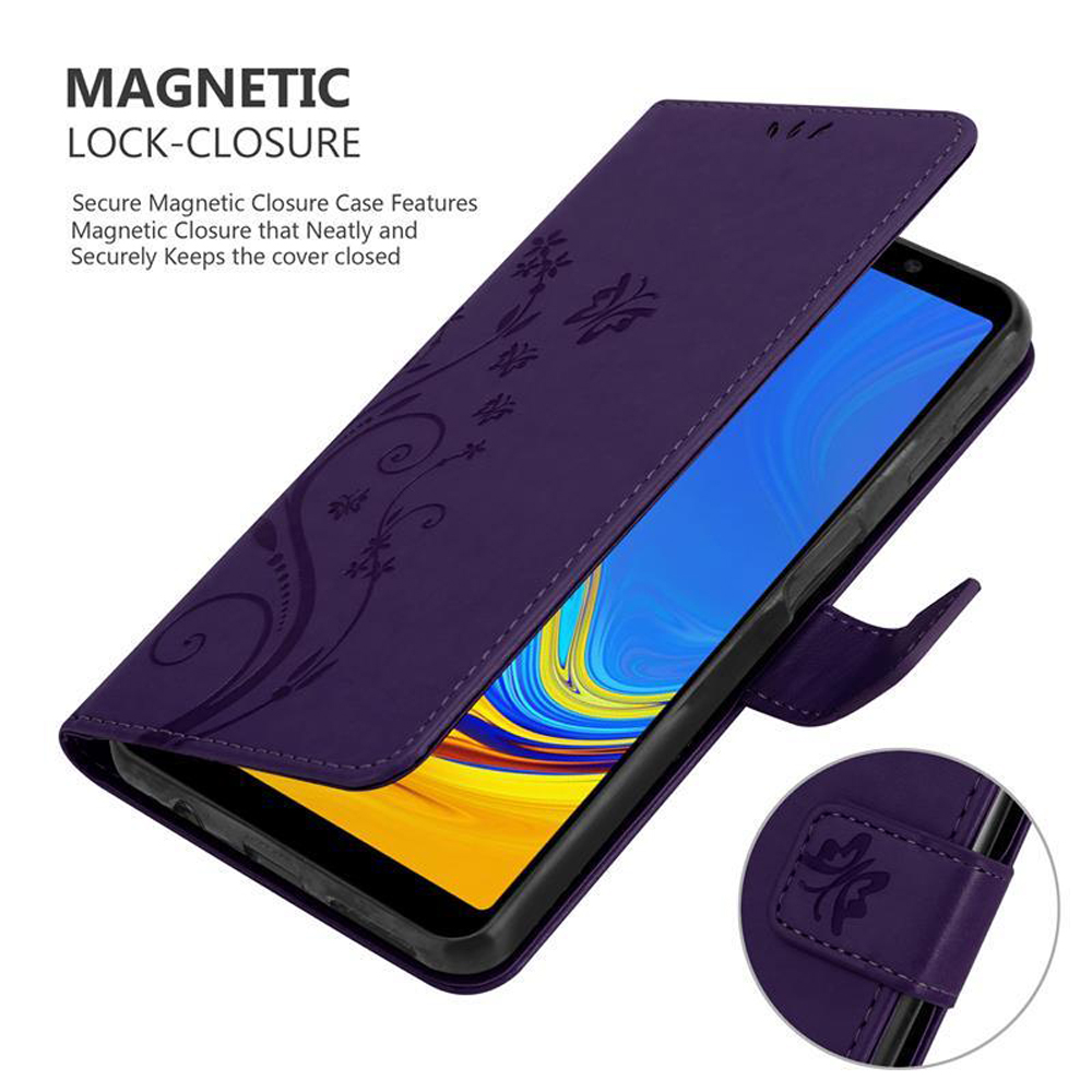 Una custodia per telefono viola con chiusura magnetica. L'interno presenta motivi floreali.