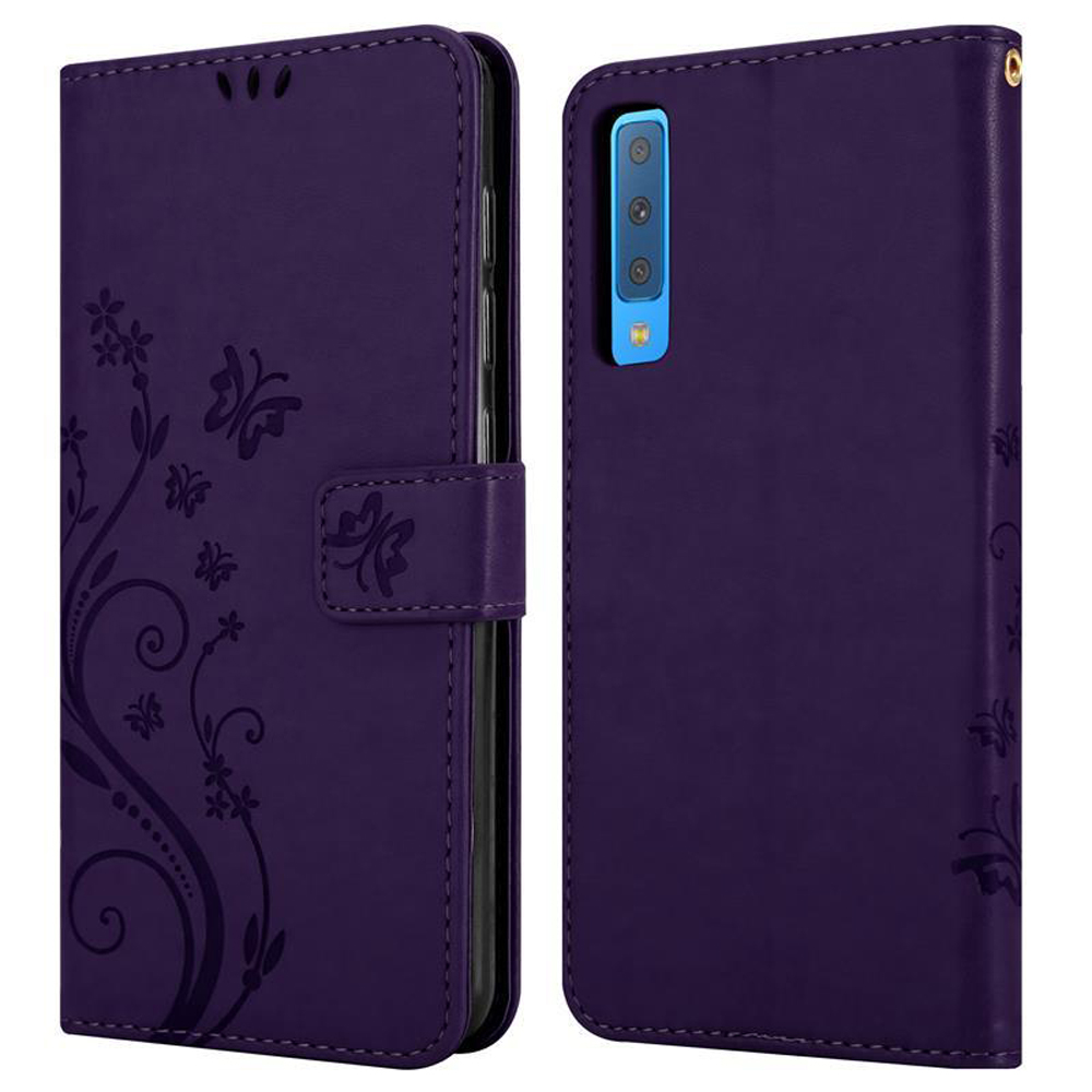 Custodia viola con design floreale, chiusa e aperta, che mostra un telefono all'interno su sfondo bianco.