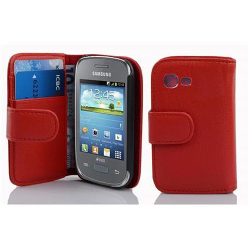 Funda de teléfono roja con teléfono, ranuras para tarjetas y cierre de botón.