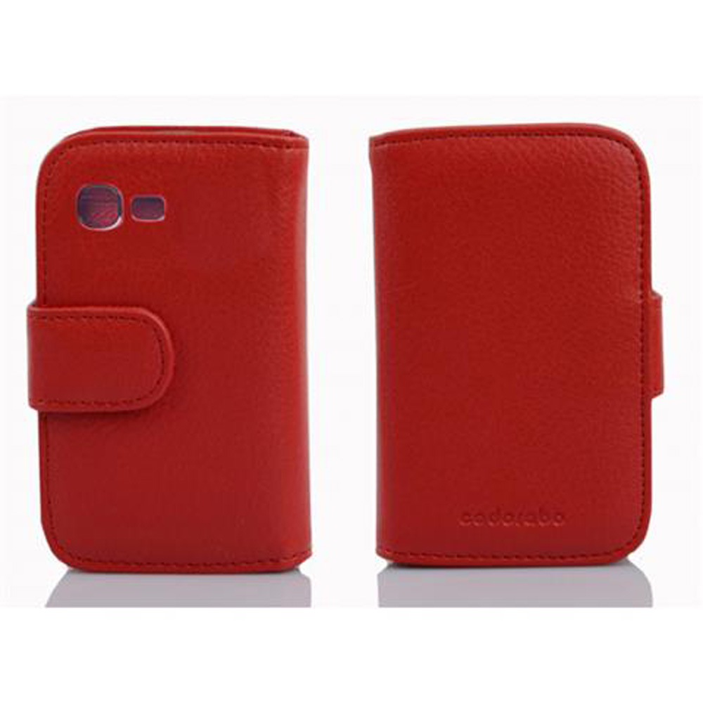 Dos fundas rojas para teléfono, una abierta y otra cerrada. La funda cerrada está a la derecha.