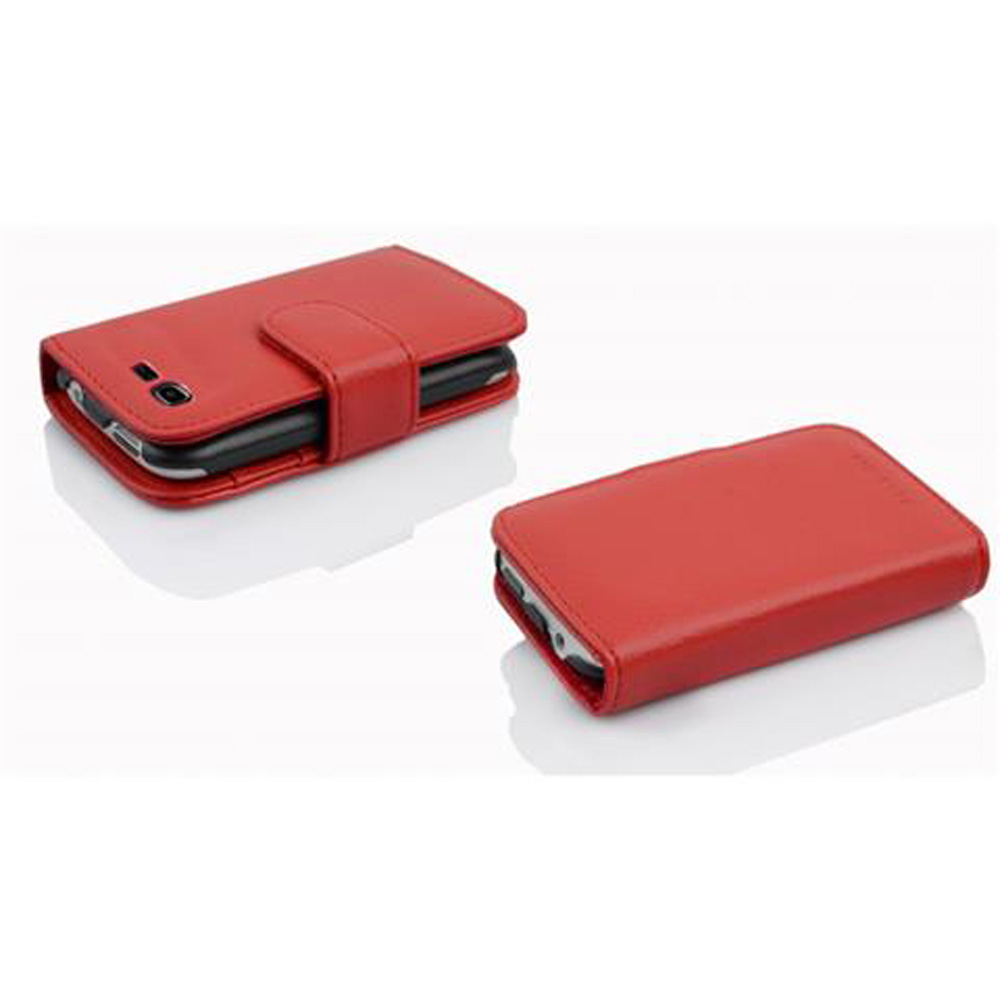 Funda de teléfono roja con teléfono dentro, varios ángulos.