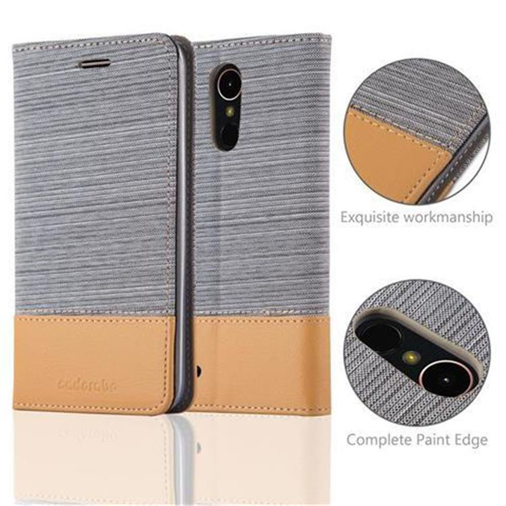 Handyhülle mit grauem und beigem Design. Telefon ist in der Hülle.