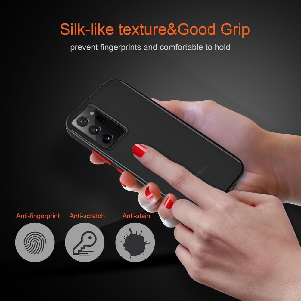 Eine Hand hält ein Telefon in einer schwarzen Hülle, mit Symbolen für Funktionen wie Anti-Fingerprint.