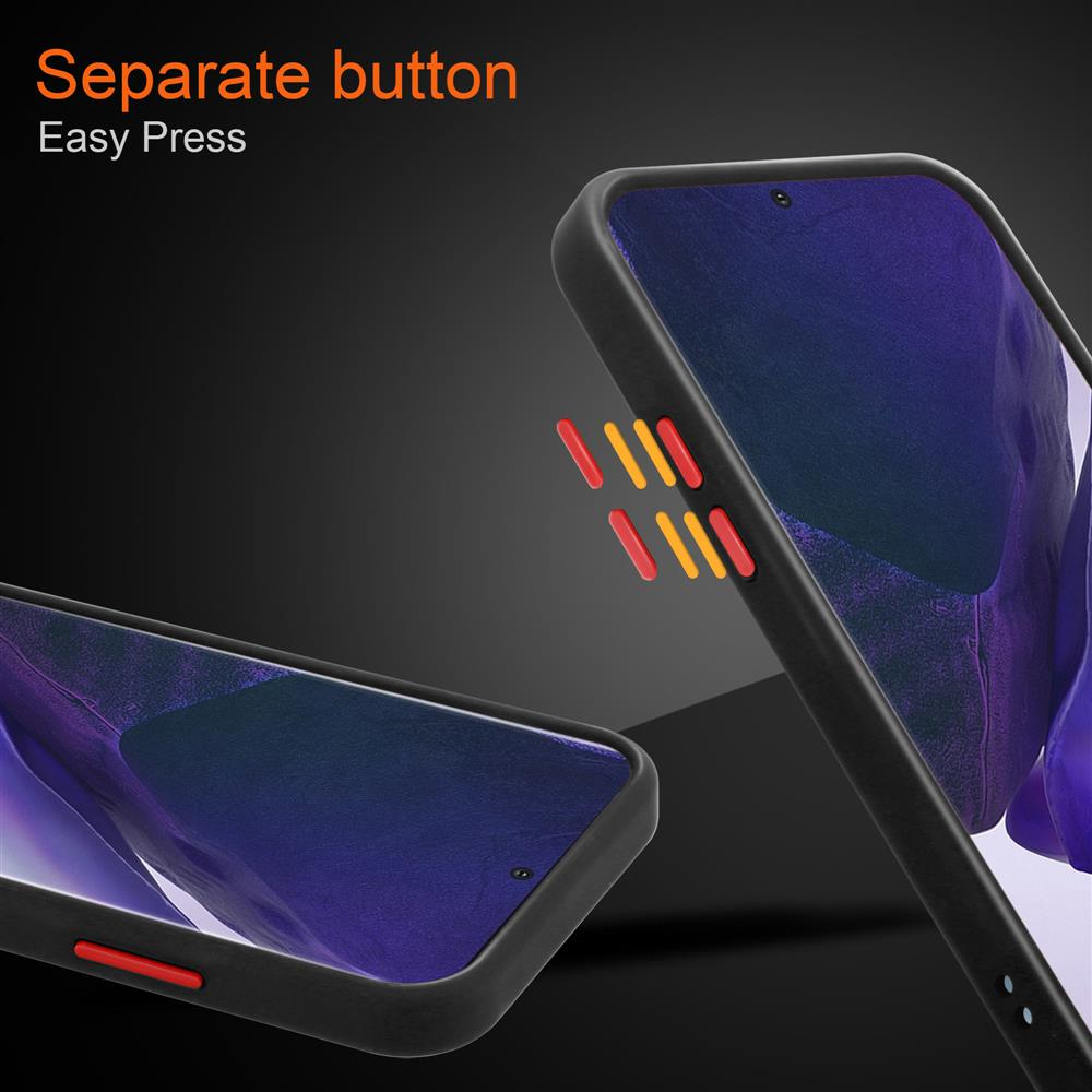 Eine Handyhülle mit einem Telefon darin, das separate Tasten zeigt. Text: separate Taste, leichtes Drücken.