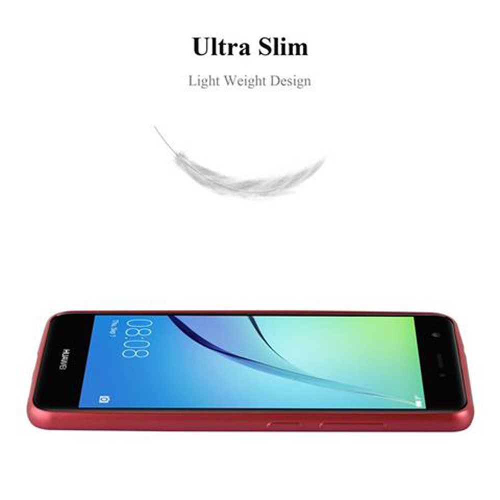 Rote Handyhülle mit Telefon. Text: Ultra Slim Light Weight Design. Eine Feder in der Mitte.