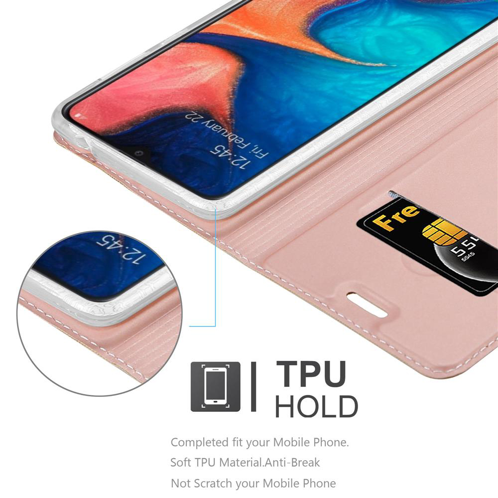 Telefon in rosa Hülle, geöffnet, um den Bildschirm mit Kreditkarte im Steckplatz zu zeigen. Text: TPU-Halterung, weiches TPU-Material.