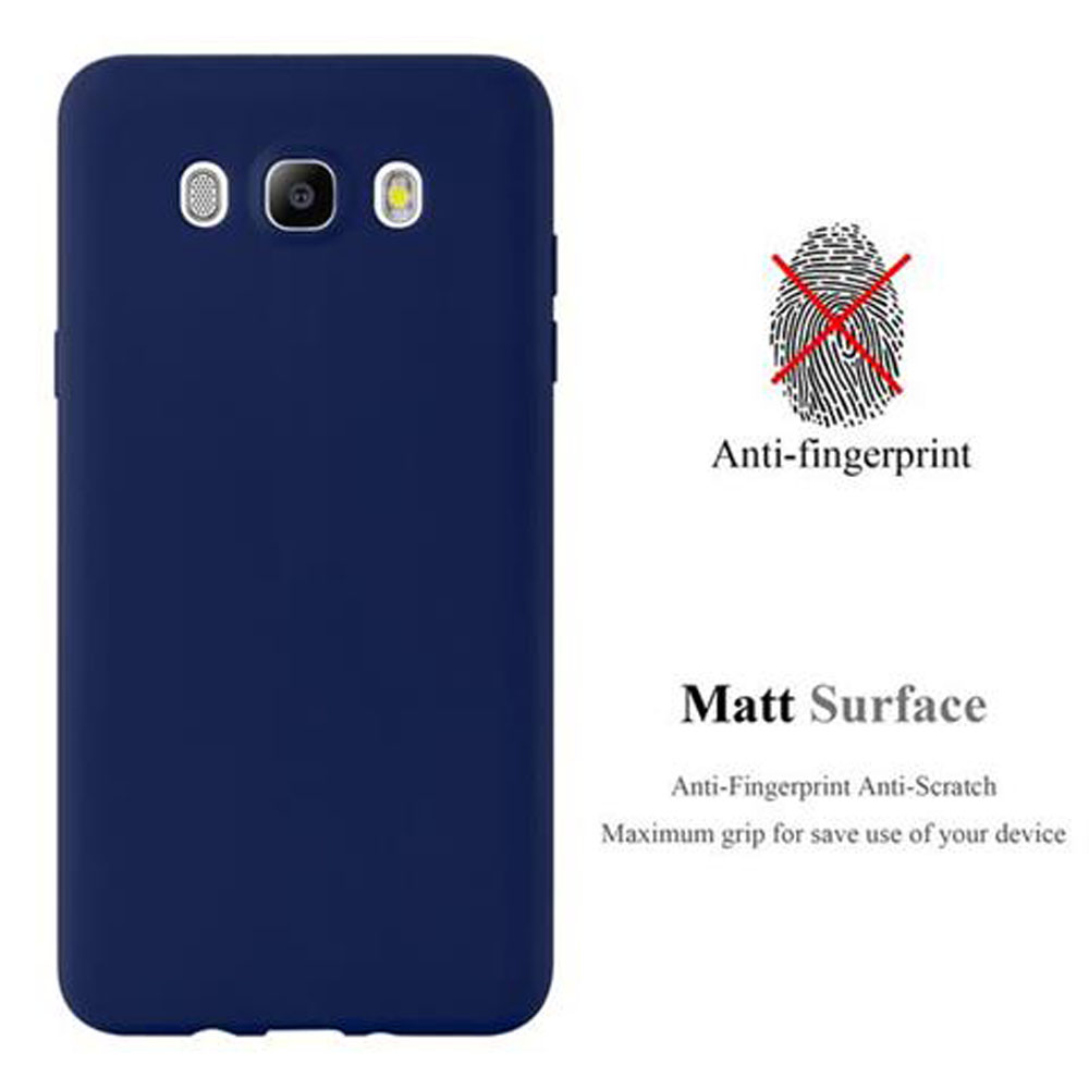 Funda de teléfono azul con texto Anti-huellas y Superficie mate.