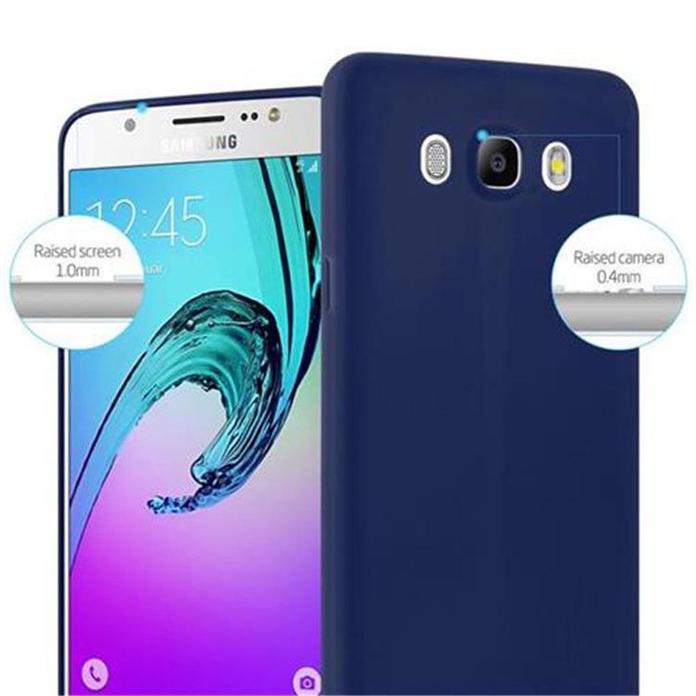 Teléfono y funda azul. Se muestran detalles de cámara y pantalla elevados.
