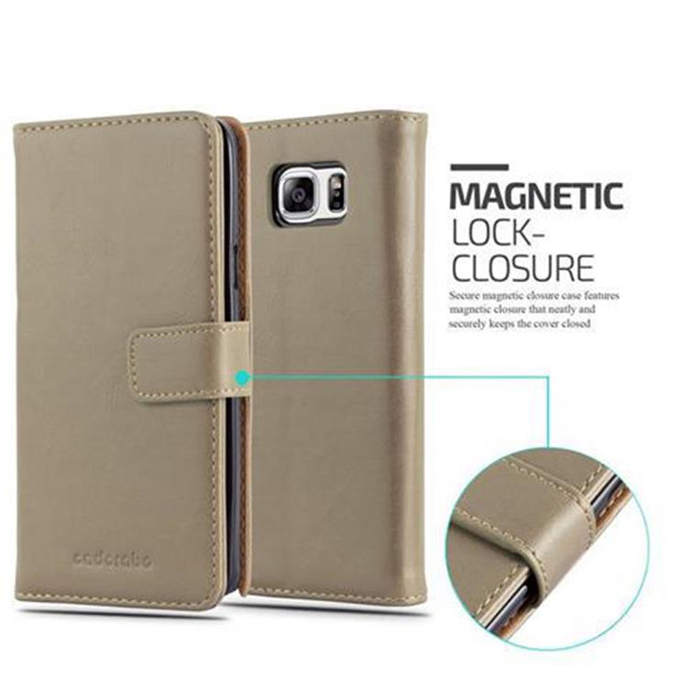 Funda para teléfono color canela con un teléfono dentro. Se muestran los detalles del cierre magnético con texto.