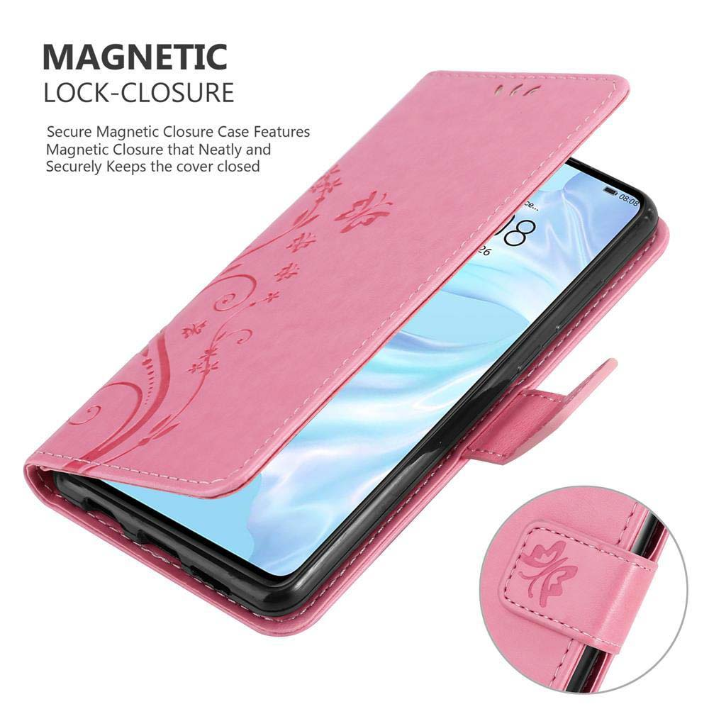 Custodia rosa per telefono aperta, che mostra un telefono con chiusura magnetica.