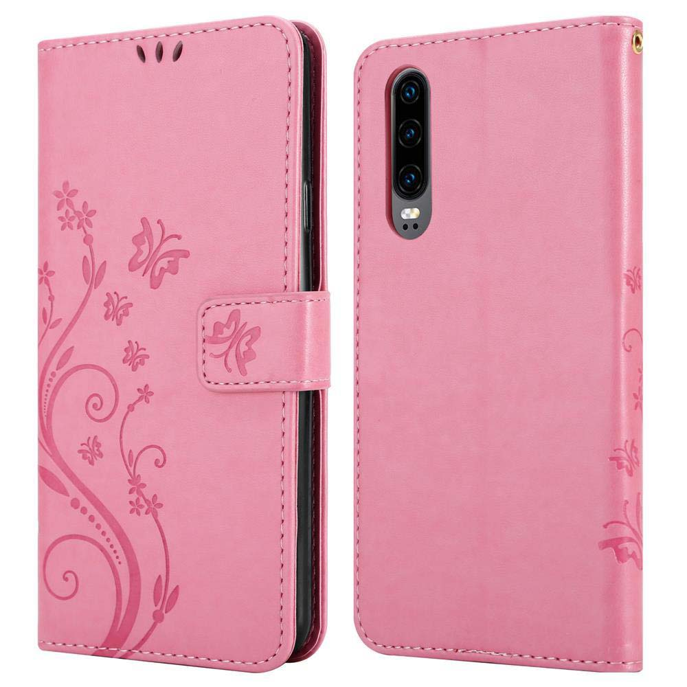Custodia rosa, aperta. La custodia ha motivi floreali e una chiusura magnetica.