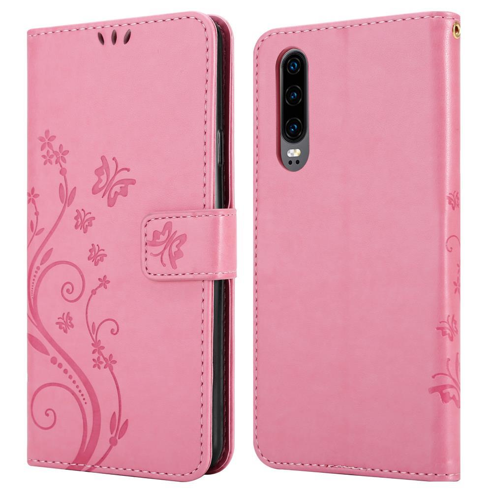 Custodia rosa per telefono con design floreale. Aperta, mostra l'interno con il telefono. Retro rosa pieno.