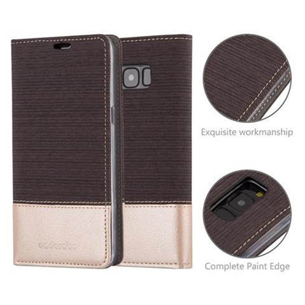 Custodia per telefono con design marrone e oro. Primo piano mostra lavorazione squisita e bordo verniciato.