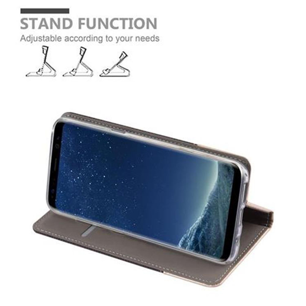 Telefono nella custodia, puntellato per la visualizzazione. Testo: Funzione supporto, regolabile.