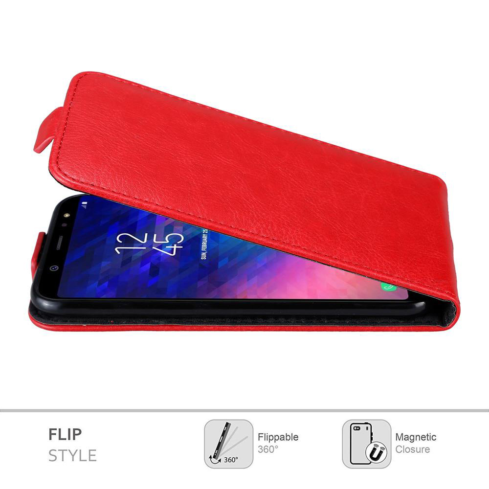 Custodia rossa per telefono aperta, con un telefono all'interno. Il telefono mostra la data. La custodia è rossa.