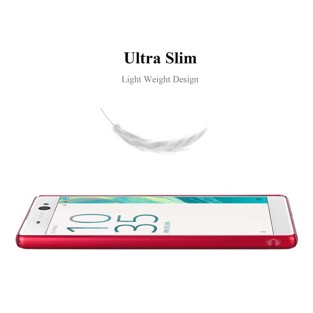 Custodia telefono rossa su bianco. Testo Ultra Slim e Light Weight Design e icona piuma. Schermo del telefono mostra l'ora.