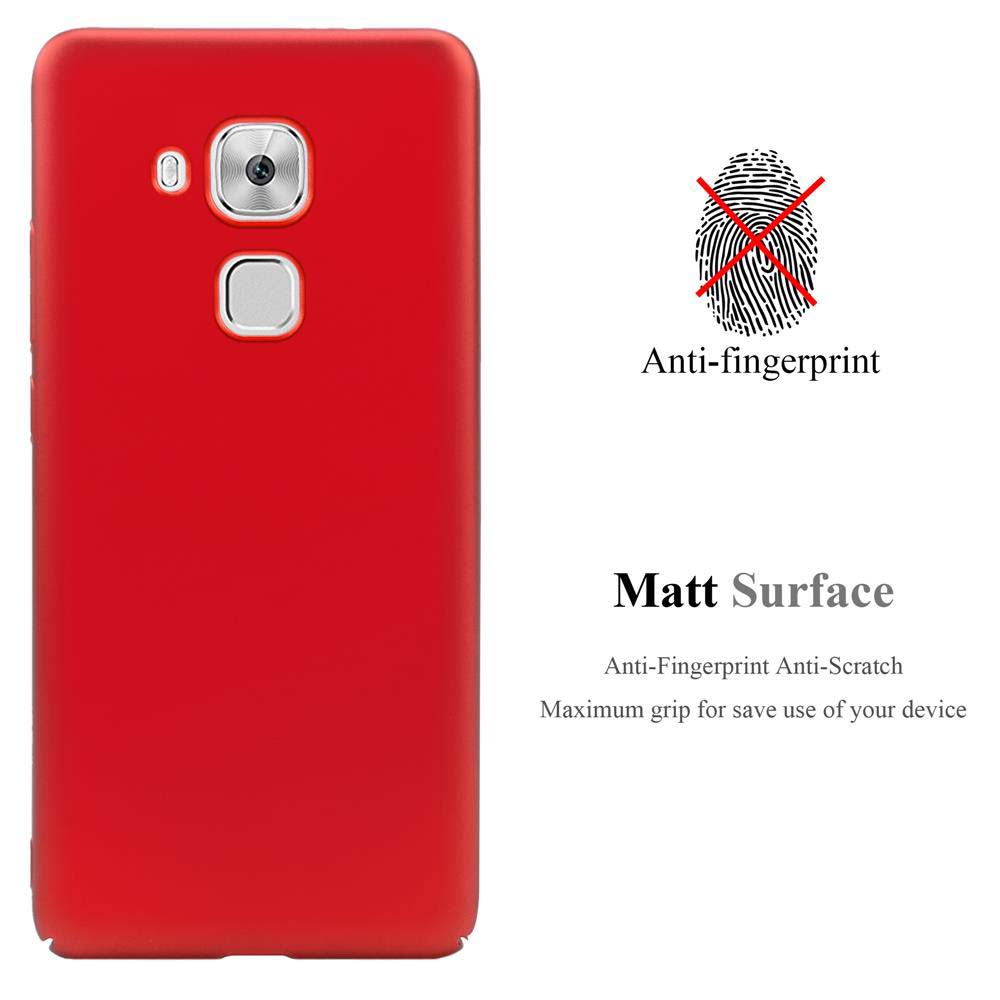 Custodia rossa con fotocamera. Testo anti-impronte e superficie opaca. Sfondo bianco.