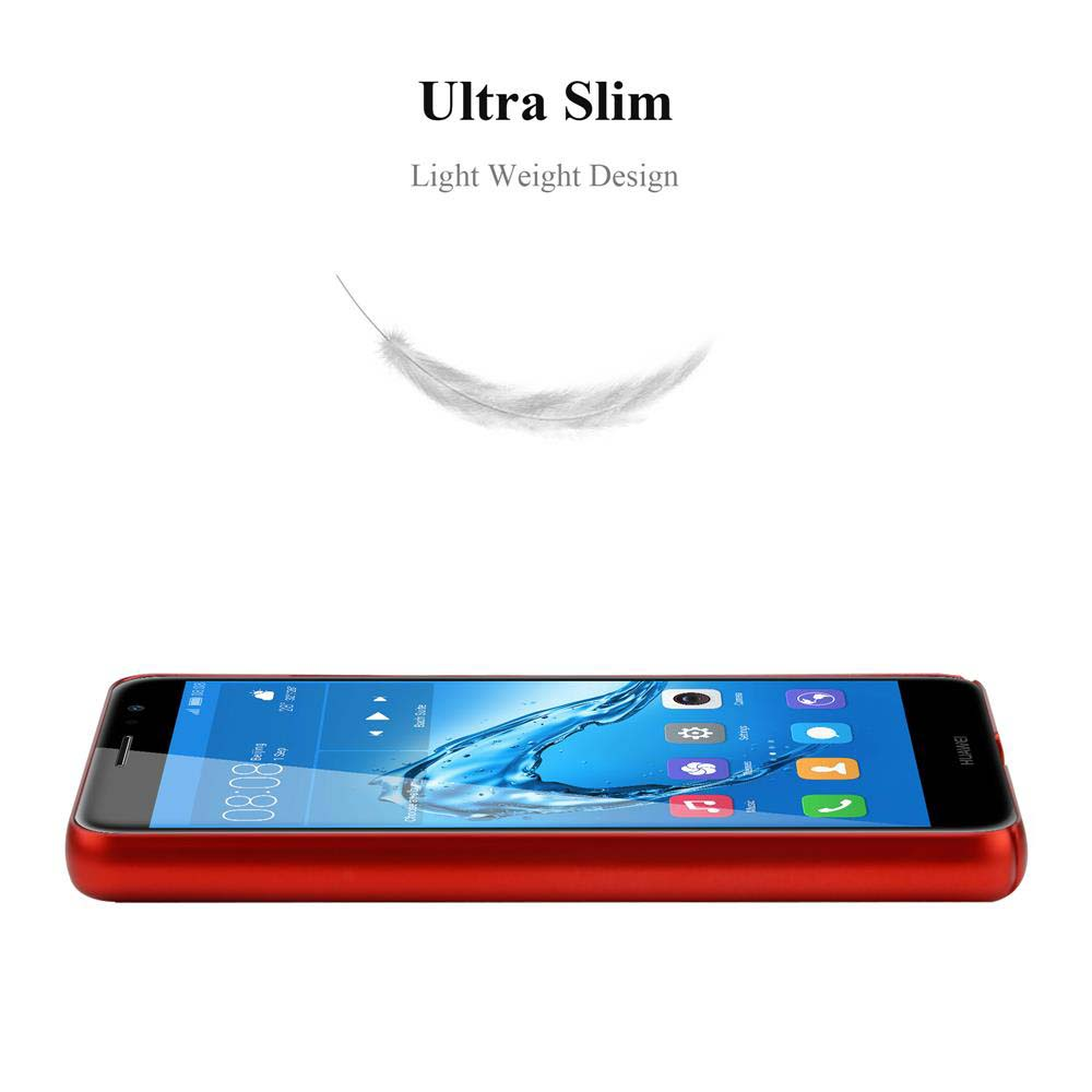 Telefono rosso con custodia rossa, con una piuma che fluttua sopra.